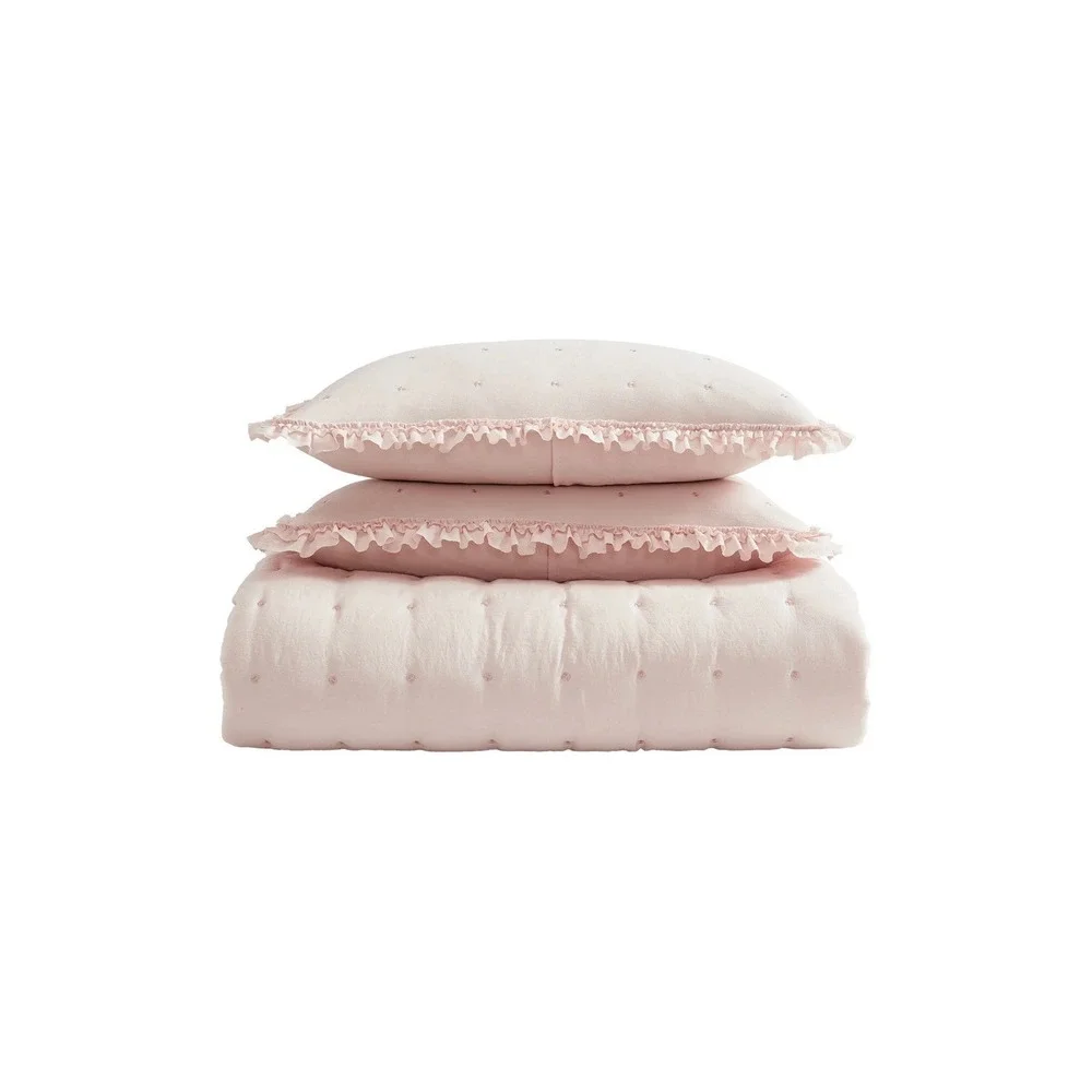 Laura Ashley Pink Ruffle Tufted Twin Comforter Set Sham 100% Cotton Blush NWOT